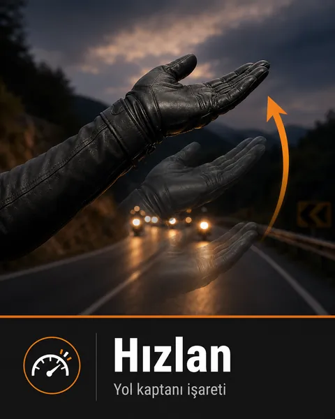 Motosiklet grup sürüşünde hızlan el işareti