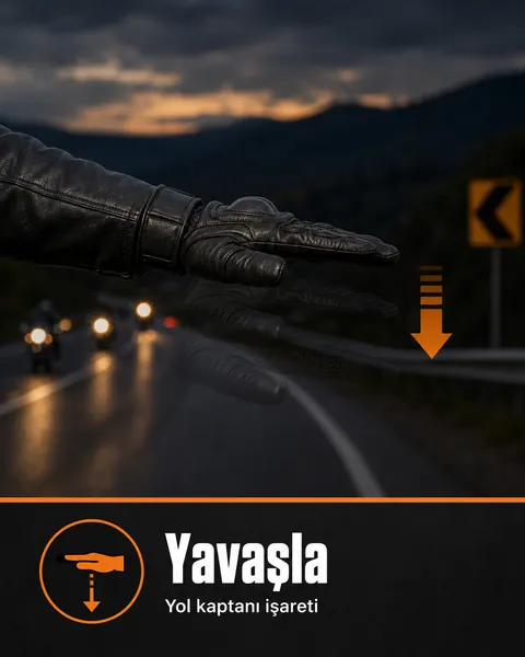 Motosiklet grup sürüşünde yavaşla el işareti